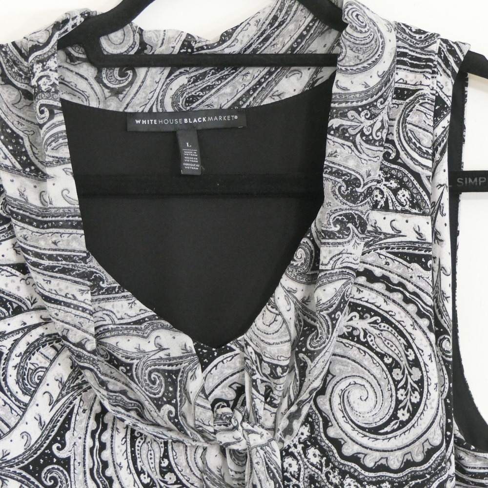 White House Black Market Womens Top L Black-White Paisley Cowl Neck Career Chic